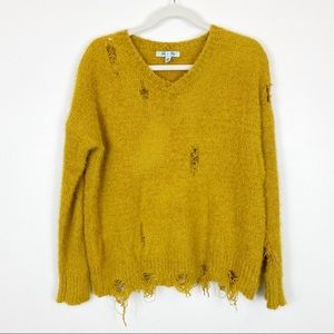 She + Sky Distressed V-Neck Sweater Mustard Yellow Size M/L